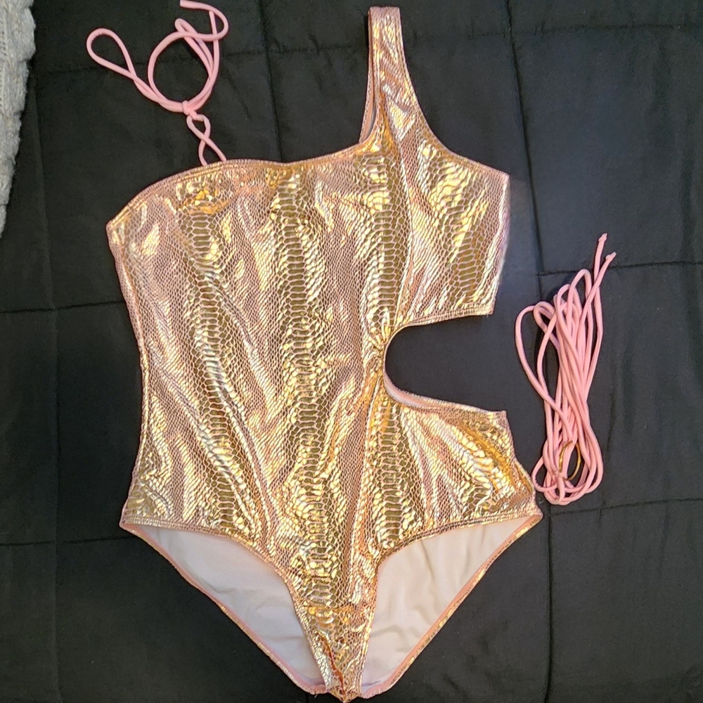pink croc metallic cut out swimsuit